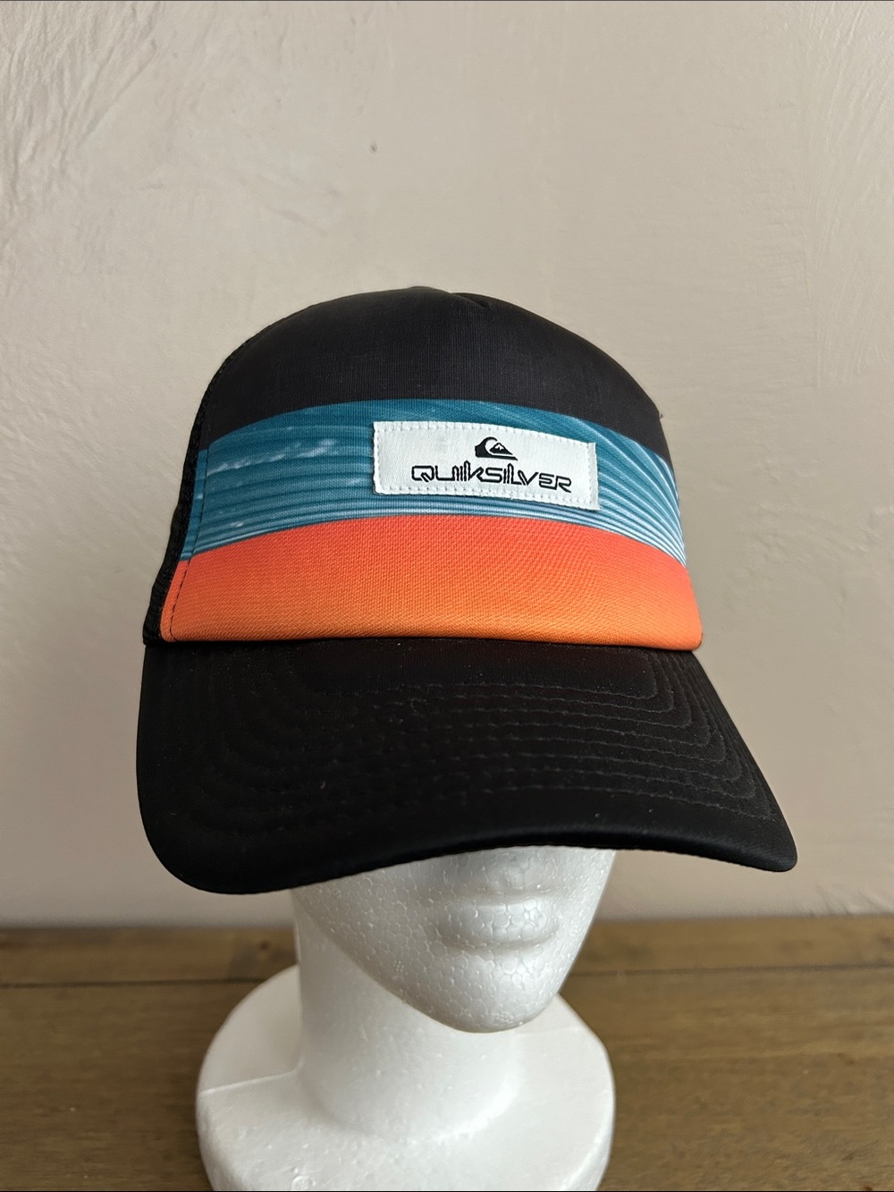 Quiksilver Pidgeon Chicken Black Trucker Hat With Blue Wave & Orange Front Panel